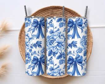 Envoltura para vaso con lazo chinoiserie floral, 20 oz, sublimación delgada (PNG)