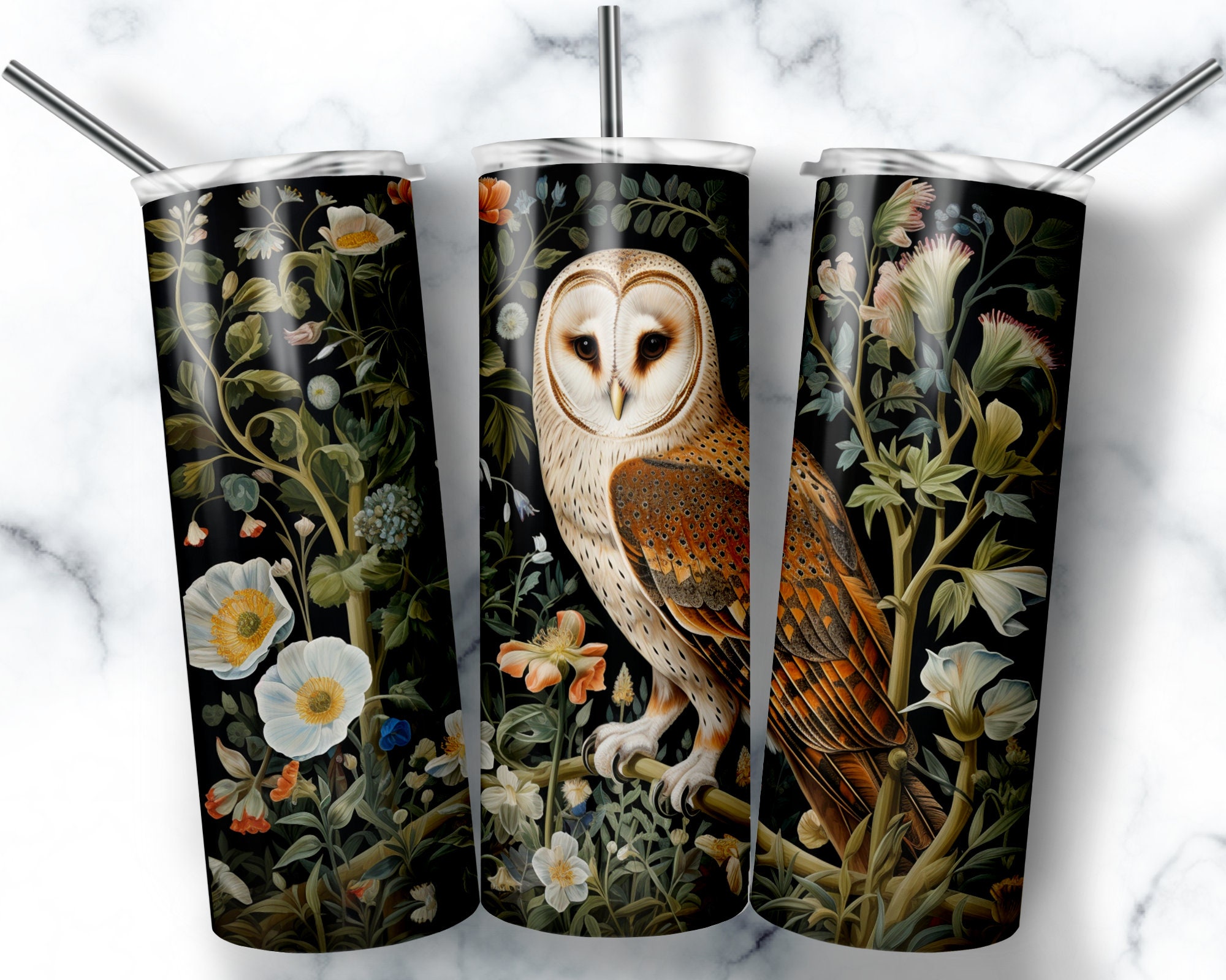 Vintage Barn Owl Tumbler Wrap, Floral Design (Digital Download)