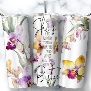 Bestie Tumbler 20oz Skinny Tumbler Sublimation Design Template, Best Friend Gift Tumbler Wrap, Lily Flowers Tumbler PNG Instant Download