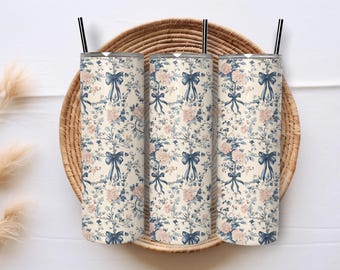 Bow Tumbler Wrap, Blue Chinoiserie Floral (20oz Skinny, PNG)