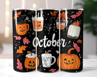 May include: A black tumbler featuring a Halloween-themed design. The design includes orange pumpkins, fall leaves, and the word "October" in white. The tumbler has a white straw.