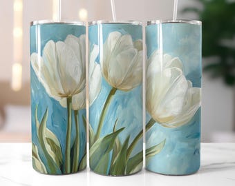 Diseño de vasos con estampado de tulipanes y flores, bonito diseño floral PNG de 20 oz, ideales para primavera, bodas y sublimación (descarga digital).