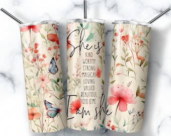 Envoltorio para vaso "Ella es mía", afirmaciones y flores silvestres (descarga digital PNG)