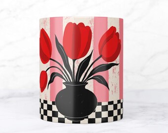 Diseño de sublimación para envoltorio de taza con flores de tulipanes (PNG) Taza moderna con rayas rosas Plantilla para taza de 11 oz y 15 oz (DESCARGA DIGITAL)