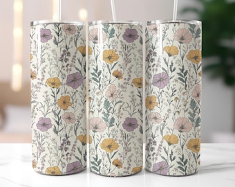 Vaso de flores con diseño floral primaveral, diseño PNG Grand Millennial de 20 oz, delgado, sin costuras, con diseños de sublimación (Png, descarga digital)