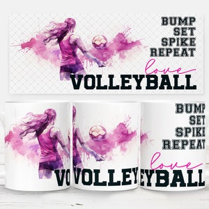 May include: White ceramic mug with a pink watercolor design of a volleyball player. The text "BUMP SET SPIKE REPEAT love VOLLEYBALL" is printed on the mug.