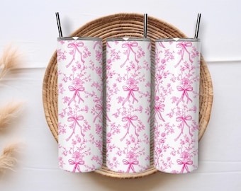 Vaso con lazo, envoltorio rosa, estilo chinoiserie, Grand Millennial, vaso Toile De Jouy Png, Summer Coquette, 20 oz, delgado, sin costuras, diseños de sublimación