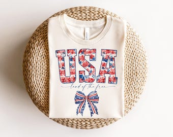 4th of July USA Flower Shirt PNG, Patriotic Bow Coquette Tee (Digital Download)