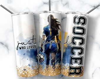 May include: Three stainless steel tumblers with a white background and gold glitter at the bottom. The tumbler on the left has the text "just a girl who loves" and a watercolour design of a football player. The tumbler in the middle has a watercolour design of a football player. The tumbler on the right has the word "SOCCER" in black block letters.