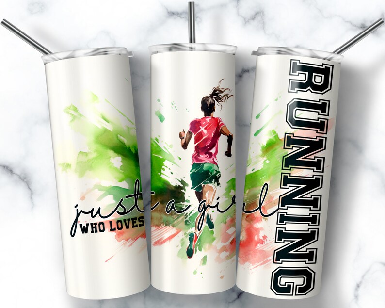 May include: A white stainless steel tumbler with a watercolour design of a person running. The text "just a girl who loves running" is on the left side of the tumbler. The word "RUNNING" is on the right side of the tumbler.