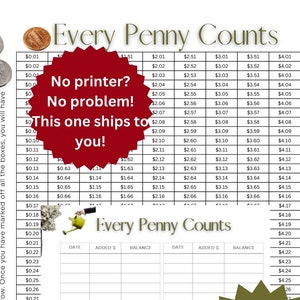 May include: A printable chart to help track savings with the title "Every Penny Counts". The chart has columns for date, added amount, and balance. The chart is designed to help people save money by tracking their progress. The chart is decorated with a stack of gold coins and a green starburst with the text "Track Your Progress".