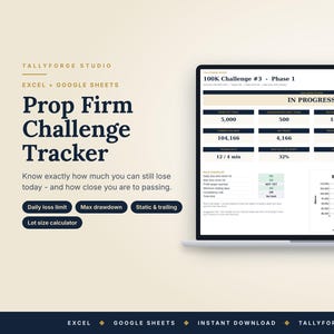 Könnte beinhalten: Ein Laptop-Bildschirm zeigt eine Prop Firm Challenge Tracker Tabelle für Excel und Google Sheets. Das Dashboard zeigt den Status der 100K Challenge #3 Phase 1, inklusive aktuellem Kontostand, Drawdown und einem Liniendiagramm.
