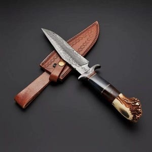 Custom HandMade Damascus Steel Hunting 13in Bowie Knife Deer Horn Handle, Deer Crown Horn Knife & Leather Sheath | Best Gift For Him