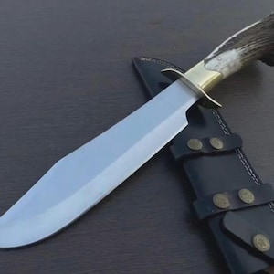 Custom Hand Made Damascus Antler Deer Horn Crown Handle Hunting Knife With Case | Best Gift For Him