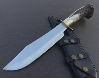 Custom Hand Made Damascus Antler Deer Horn Crown Handle Hunting Knife With Case | Best Gift For Him