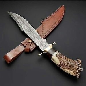 Custom HandMade Damascus Steel Hunting 18in Bowie Knife Deer Horn Handle, Deer Crown Horn Knife & Leather Sheath | Best Gift For Him