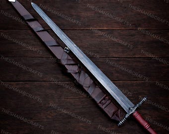 Handgemaakt Viking-grootzwaard van koolstofstaal met leren schede