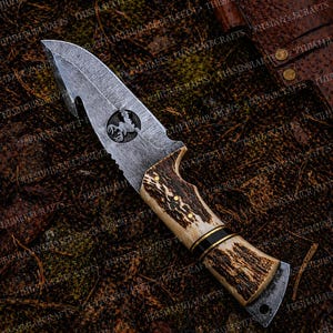 Hand Forged Hunting Full Tang Knife with Stag Antler Handle — Wolf Engraved Blade, Leather Sheath