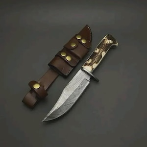 Custom Hand Made Damascus Stag Antler Deer Horn Handle Hunting Knife With Case | Best Gift For Him