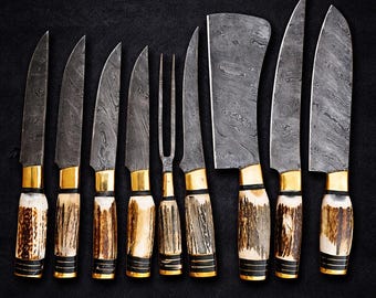 Deer Horn Knife Set, Handmade Damascus Steel, Stag Handle Set, Chef Knife Set, Personalized Gift, Groomsmen Gift, Gift For Him, Gift For Her