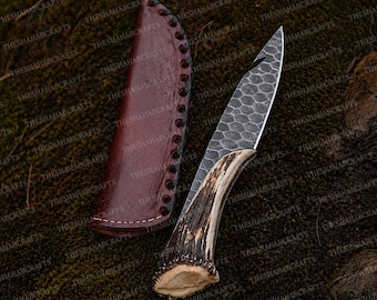 Handcrafted D2 Steel Bowie Knife – Deer Horn Handle, Leather Sheath, Bushcraft Knife for Outdoorsmen