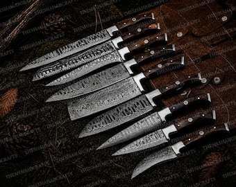 Set di 9 coltelli da chef in acciaio Damasco fatti a mano / manico in legno