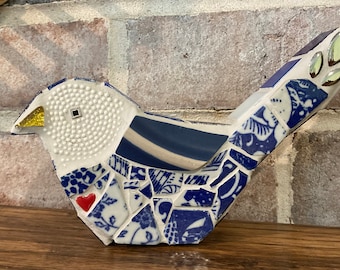 Mosaic Blue Bird with Beach Pottery Wing