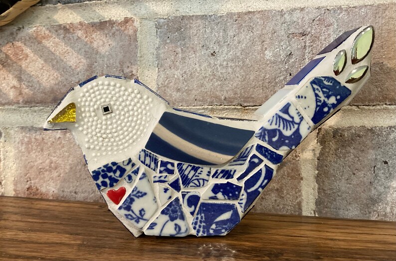 Mosaic Blue Bird with Beach Pottery Wing image 1