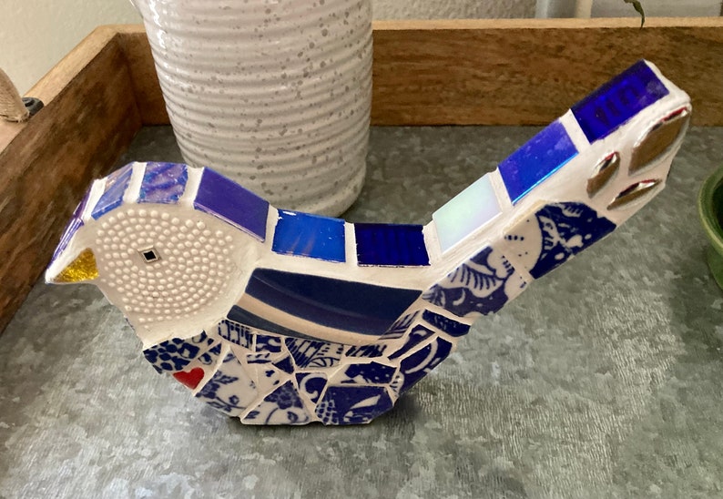 Mosaic Blue Bird with Beach Pottery Wing image 8