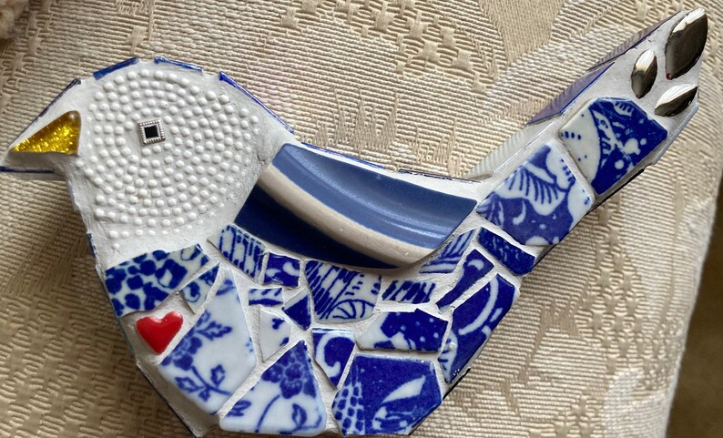 Mosaic Blue Bird with Beach Pottery Wing image 6