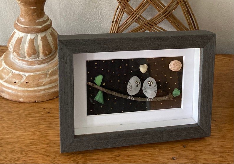 Beach Pebble Owls Shadow Box Etsy Beach Pebble Owls Shadow Box Etsy