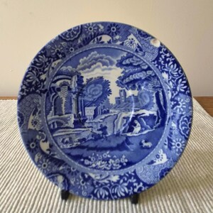 May include: A round ceramic saucer featuring a blue and white transferware pattern. The center depicts a landscape with ruins, trees, and figures, while the wide border is decorated with intricate floral and scroll motifs in shades of blue.