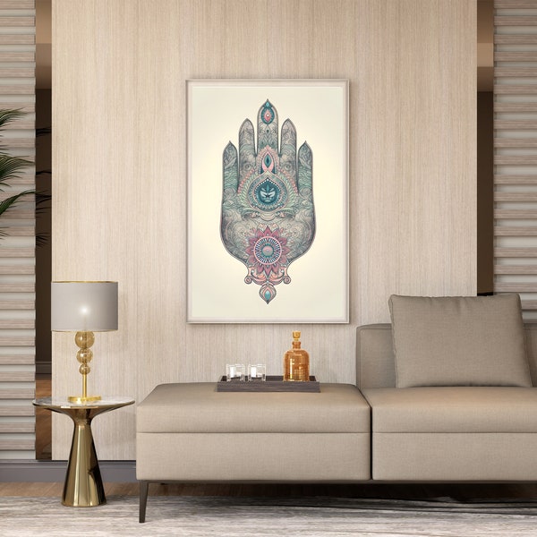 Hamsa Hand Art, Hamsa Hand Print, Printable Fatma Hand, Mandala Wall Art, Mandala Poster, Digital Download, Relaxing Art Poster