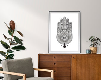 Hamsa Hand Art, Hamsa Hand Print, Printable Fatma Hand, Mandala Wall Art, Mandala Poster, Digital Download, Relaxing Art Poster