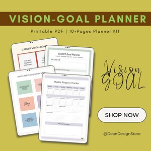 Pode incluir: Planejador digital de visão-objetivo com uma faixa verde e marrom que diz "VISION-GOAL PLANNER". A imagem mostra várias páginas de planejador digital, incluindo um quadro de visão de carreira, um planejador de metas SMART e um rastreador de progresso semanal. O texto "SHOP NOW" está em um botão branco.
