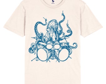 Camiseta Pulpo Baterista: Camiseta con Gráfico Estilo Tatuaje Vintage