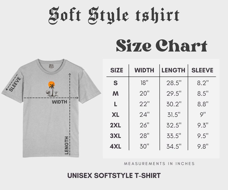 Puede incluir: Camiseta unisex Soft Style gris claro con un gr&aacute;fico de palmera y sol. La imagen incluye una tabla de tallas con medidas en pulgadas para el ancho, largo y largo de la manga. Tambi&eacute;n se muestra el texto "Soft Style tshirt" y "Size Chart".