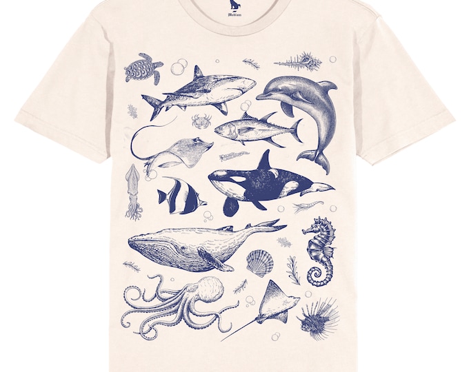 Vintage 90s Ocean Animals T-Shirt: Retro Tattoo Style