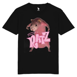 May include: Black t-shirt featuring a pink rat wearing a halo and the word "RATZ" in pink glitter letters.
