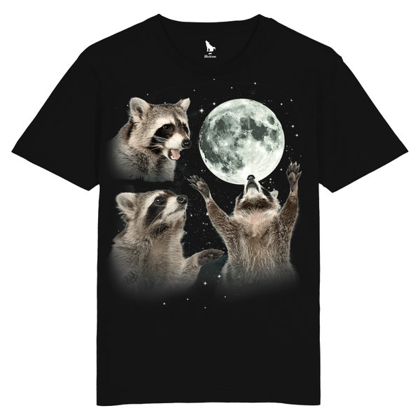 Camisetas gráficas vintage de tres mapaches, camiseta retro de mapache luna, amantes de los mapaches, camiseta divertida de mapaches, negro / blanquecino, regalos de mapaches