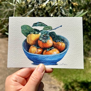 Persimmon Postcard – A5 Art Print of Italian Fruit Still Life | Watercolor Fruit Postcard | Botanical Art | 300gsm Paper