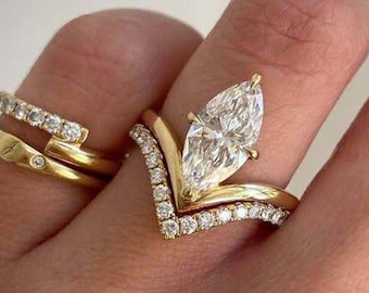 Marquise Diamond Engagement Ring with Curved Wedding Band Set – 14K Yellow Gold V-Shaped Stacking Ring, Unique Bridal Set