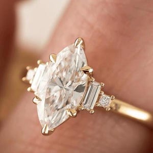 Marquise Cut Moissanite Cluster Engagement Ring, 14K Solid Gold Floral Anniversary Ring, Vintage Style Art Deco Bridal Wedding Gift Ring