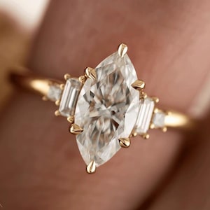 Marquise Cut Moissanite Cluster Engagement Ring, 14K Solid Gold Floral Anniversary Ring, Vintage Style Art Deco Bridal Wedding Gift Ring