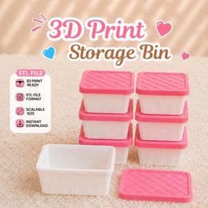 May include: A set of white rectangular storage bins with pink lids featuring a diamond grid pattern. The text 3D Print Storage Bin is displayed above, with a sidebar listing STL FILE, 3D PRINT READY, STL FILE FORMAT, SCALABLE SIZE, and INSTANT DOWNLOAD.