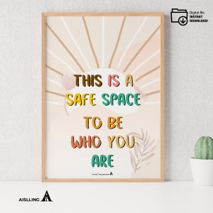 This is a safe space to be who you are  poster, self-esteem, self-respect, couples therapy, therapy office decor, therapy office, psychology