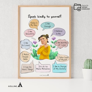 Affirmations Wall Print, Aesthetic Flowers Poster, Positive Selfcare Affirmations, Digital Download, Retro Printable Botanical Wall Artwork