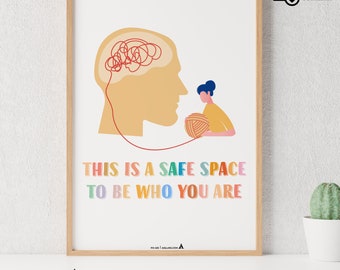 Safe Space To Be Who You Are Poster Therapy Office Decor Psychologist Wall Print Inclusive Boho Classroom Mental Health School Counselor