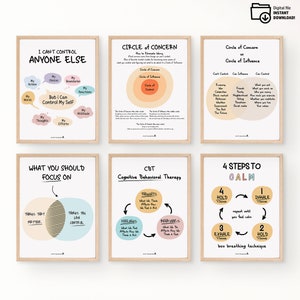 May include: Six printable posters with tips for managing stress and anxiety. The posters feature colourful illustrations and text, including "I can't control anyone else, but I can control myself", "Circle of Concern vs Circle of Influence", "What you should focus on", "CBT Cognitive Behavioural Therapy", and "4 Steps to Calm".