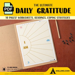 May include: A printable PDF worksheet with a sun and a cloud graphic. The worksheet is titled "The Ultimate Daily Gratitude" and includes the text "10 Pages! Worksheets, Readings, Coping Strategies".